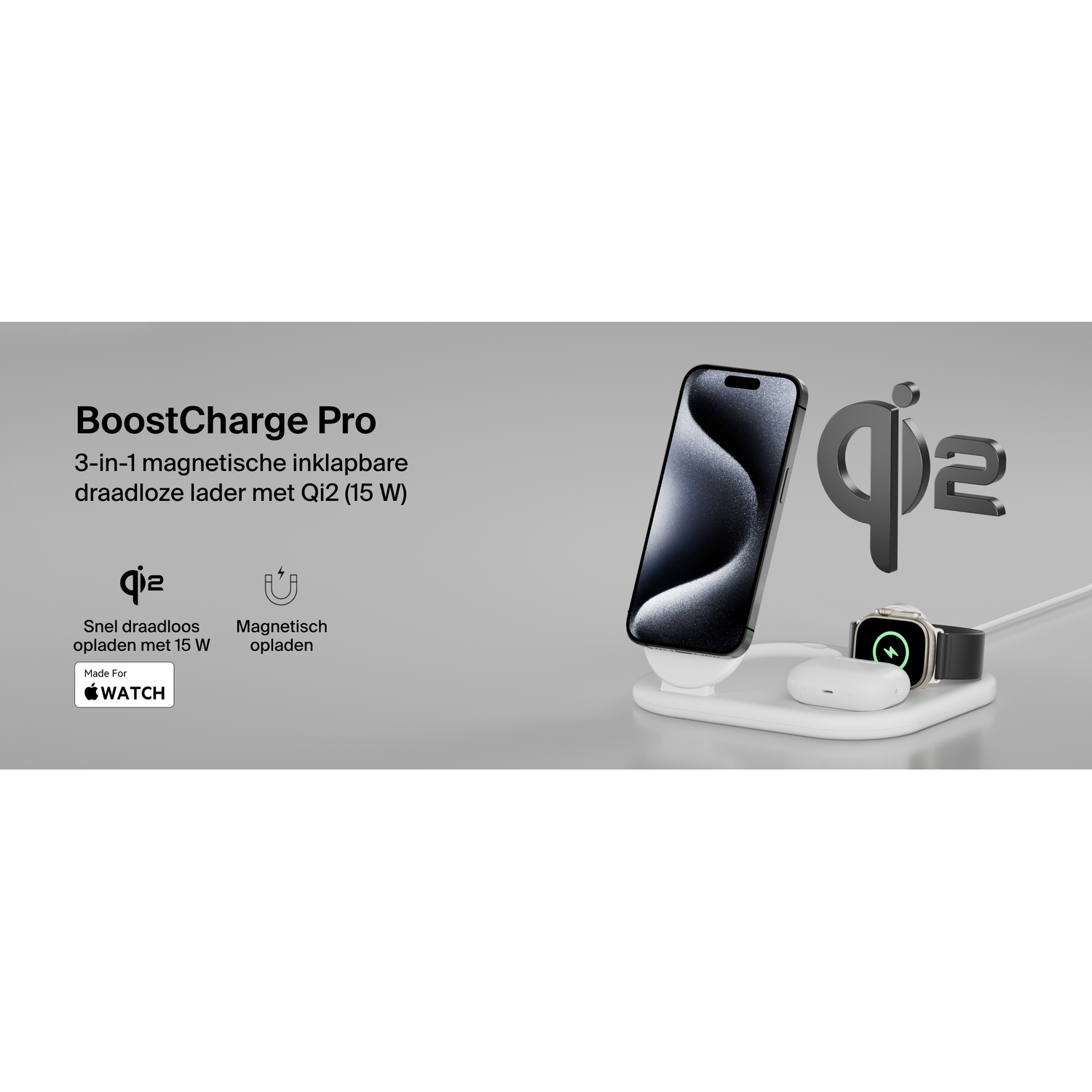 A white charging station with a phone, a watch, and a Qi logo. Text reads: BoostCharge Pro.