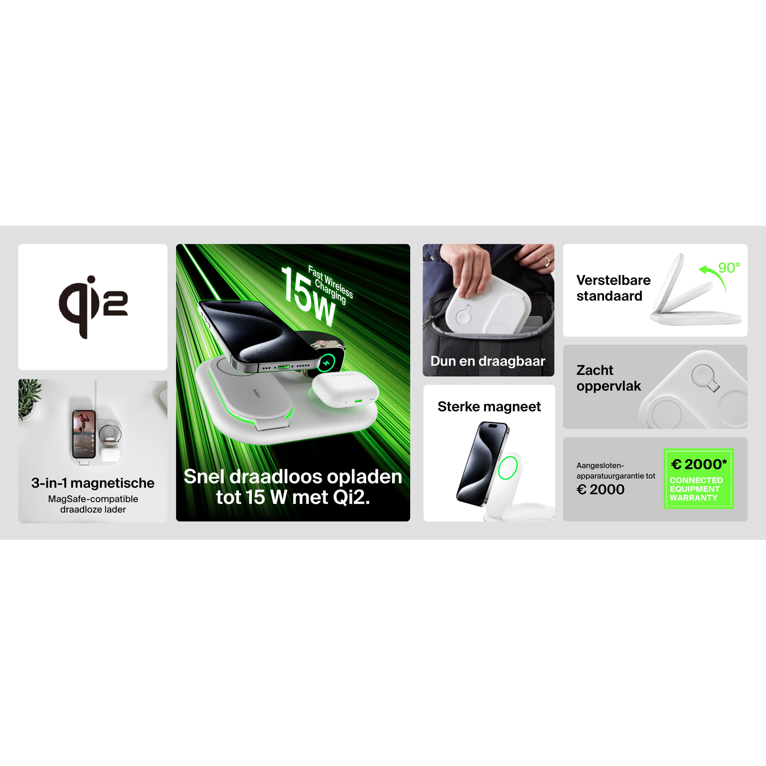 Wireless charging station with phone, earbuds, and laptop.