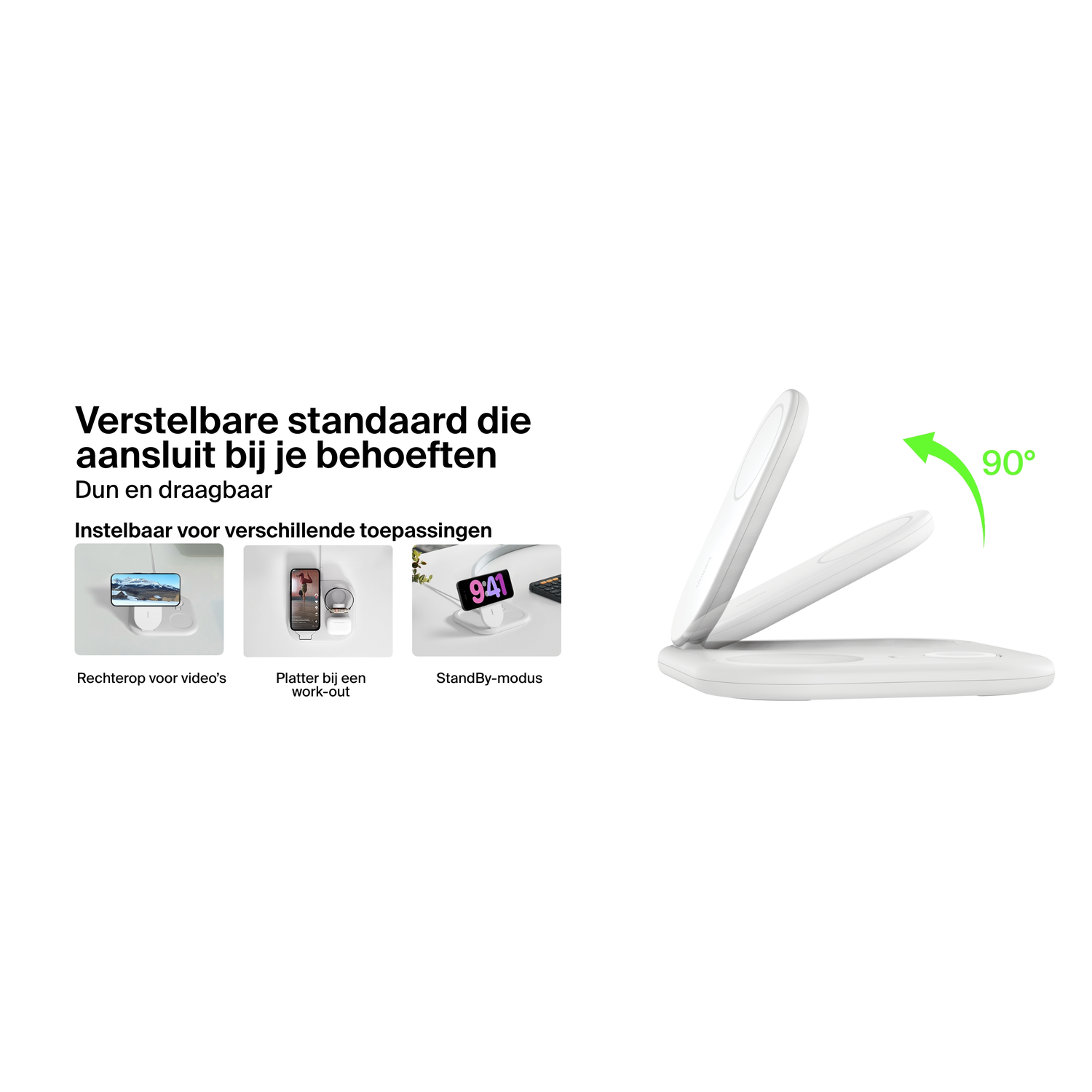 White adjustable stand for phone. Showcases different uses: video, workout, and standby mode. 90-degree angle.