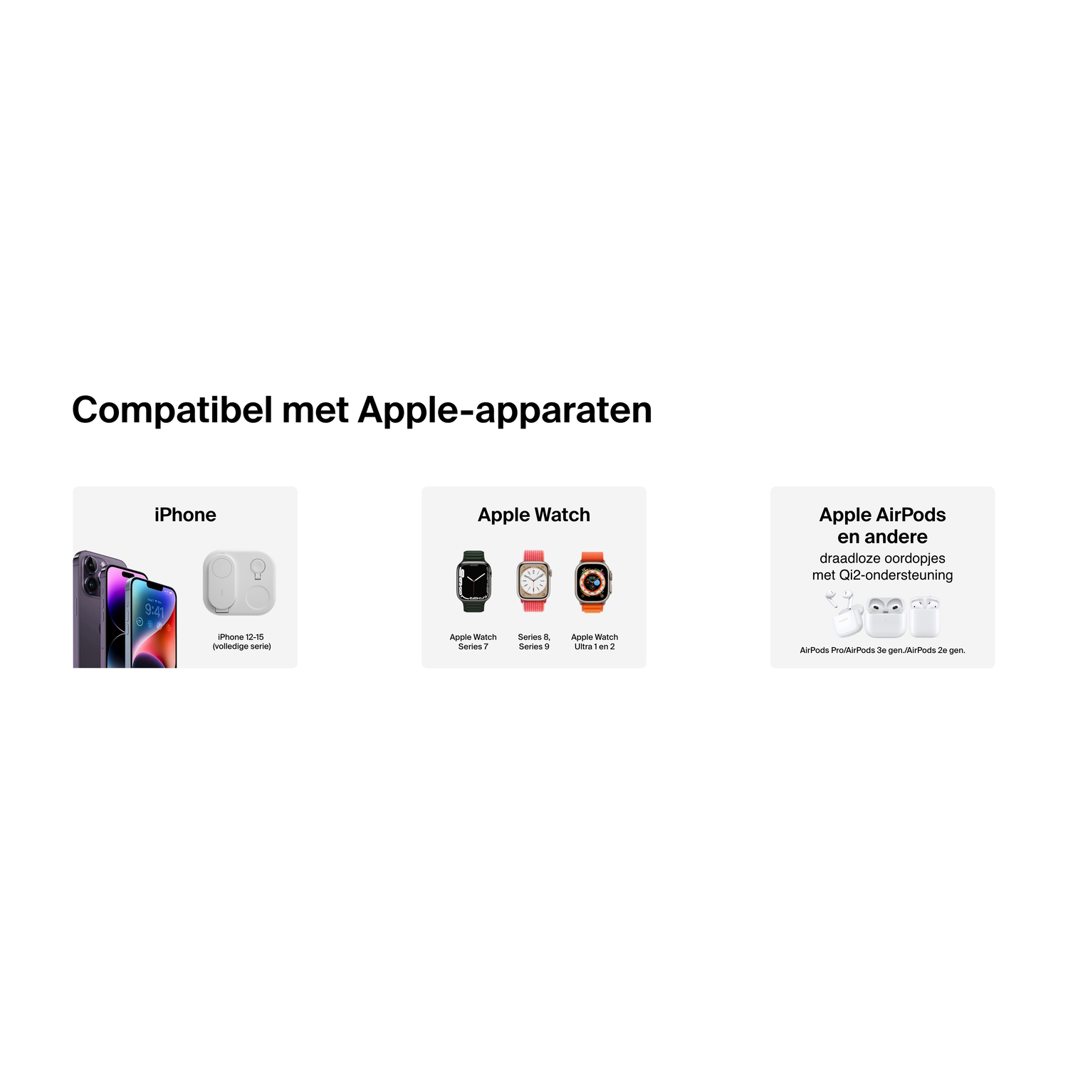 Images of iPhone, Apple Watch, and AirPods. Text: Compatible with Apple devices.