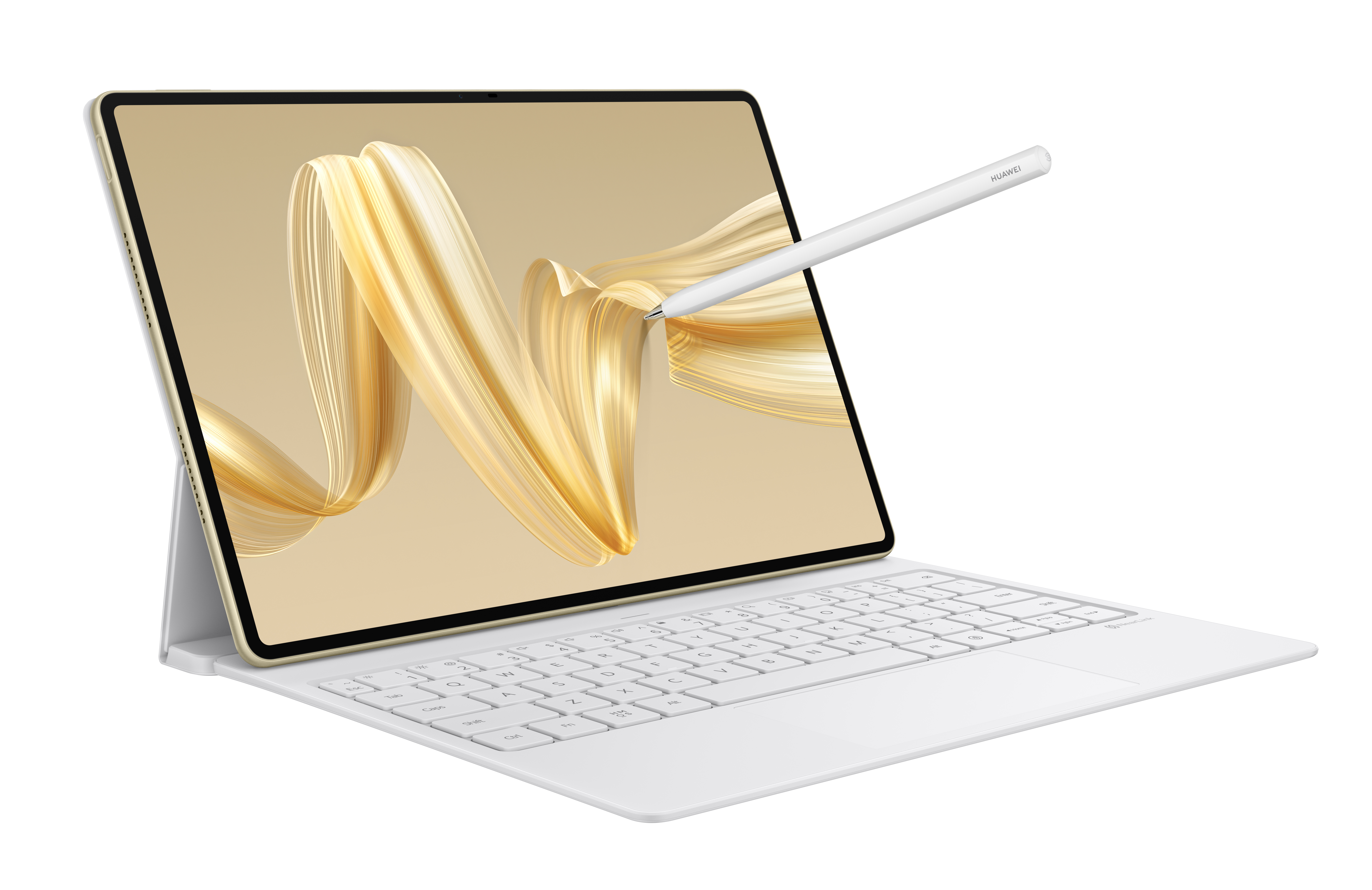 Tablet z rysikiem. Ekran pokazuje złoty wzór. Podłączona jest biała klawiatura.