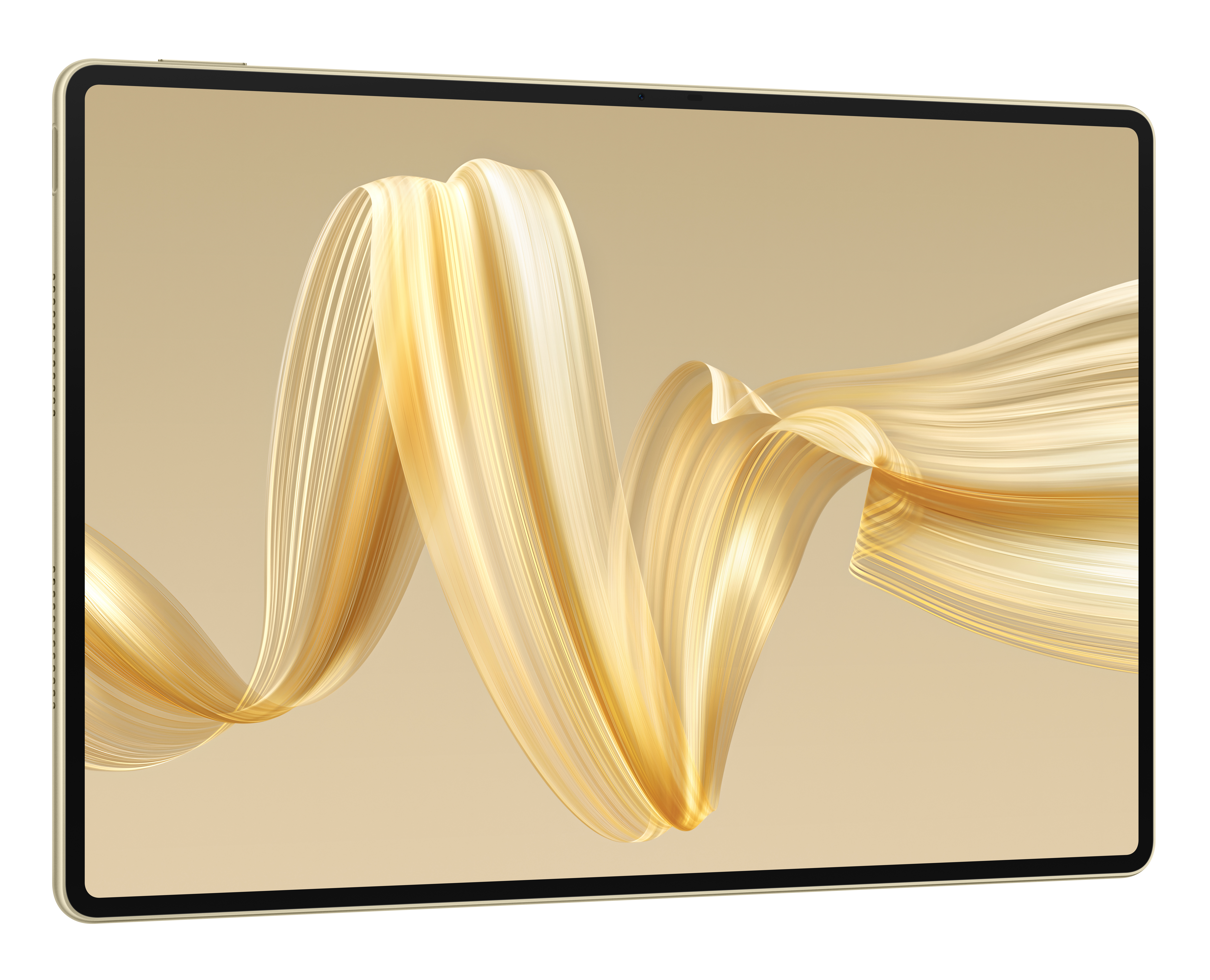 Tablet z złotą ramką, pokazujący złoty i biały wzór płynącej wstążki na ekranie.