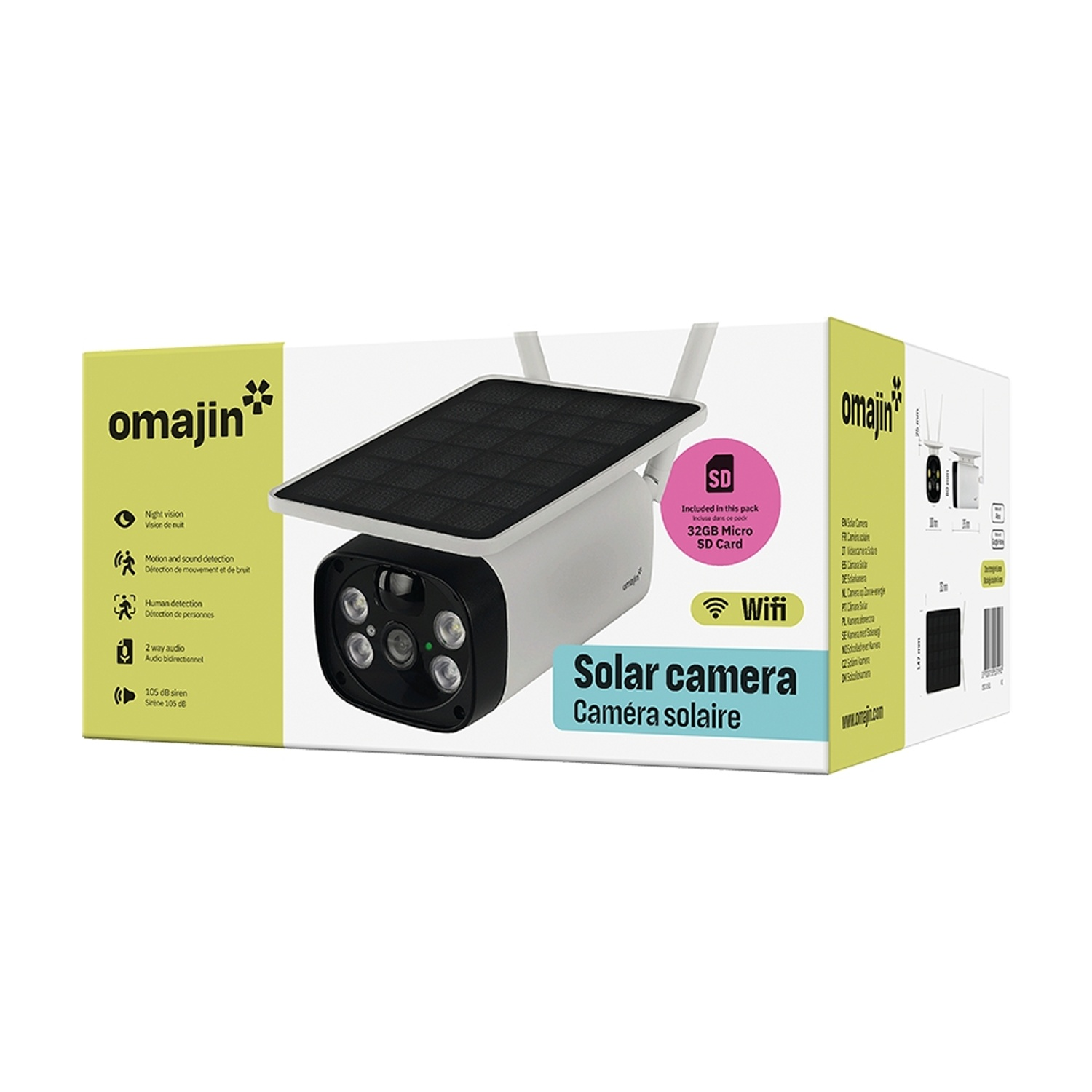 Una scatola di telecamera solare che mostra la telecamera, con testo sulle funzioni e una scheda SD da 32 GB.