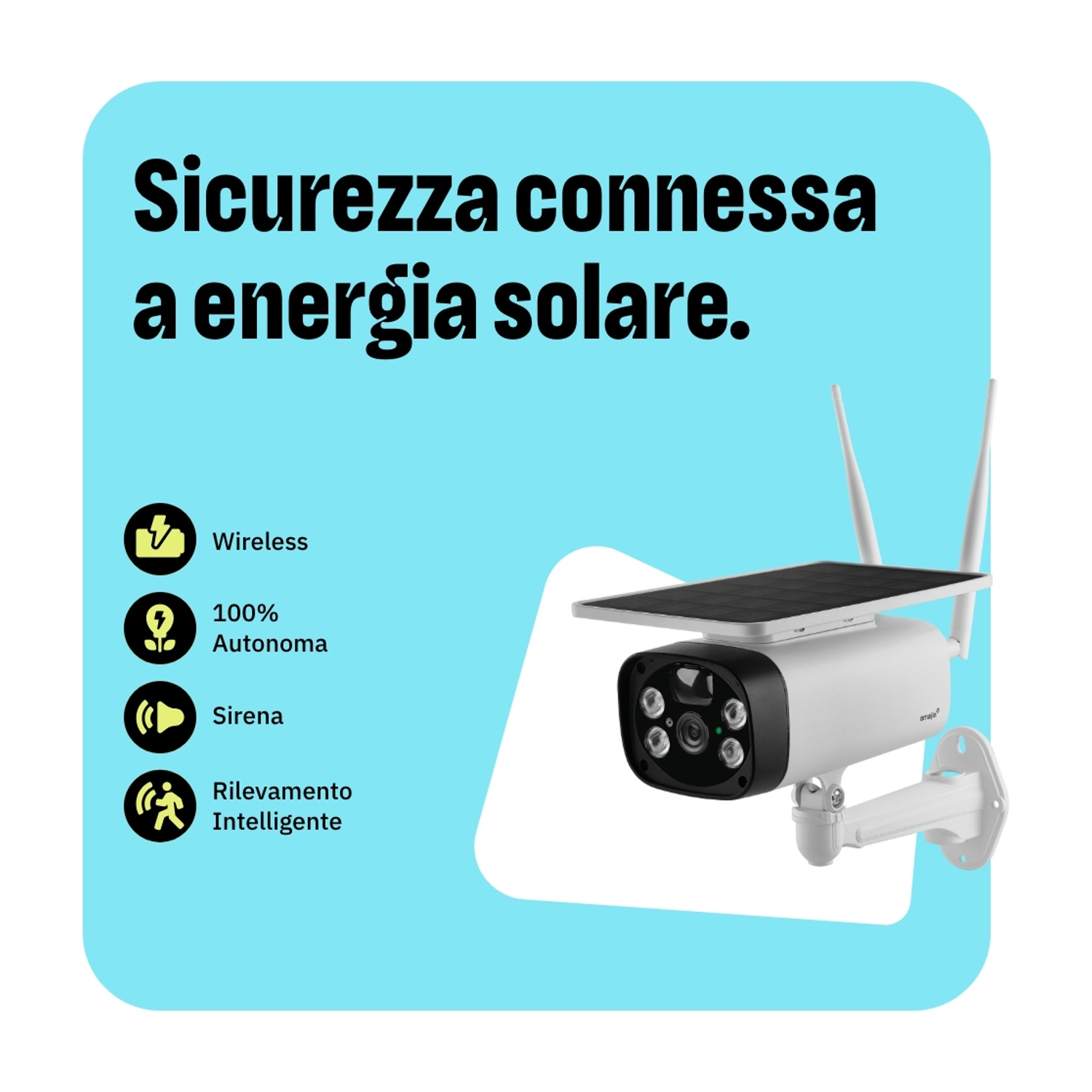Una telecamera di sicurezza bianca e nera con pannello solare, testo che dice 'sicurezza connessa energia solare'.