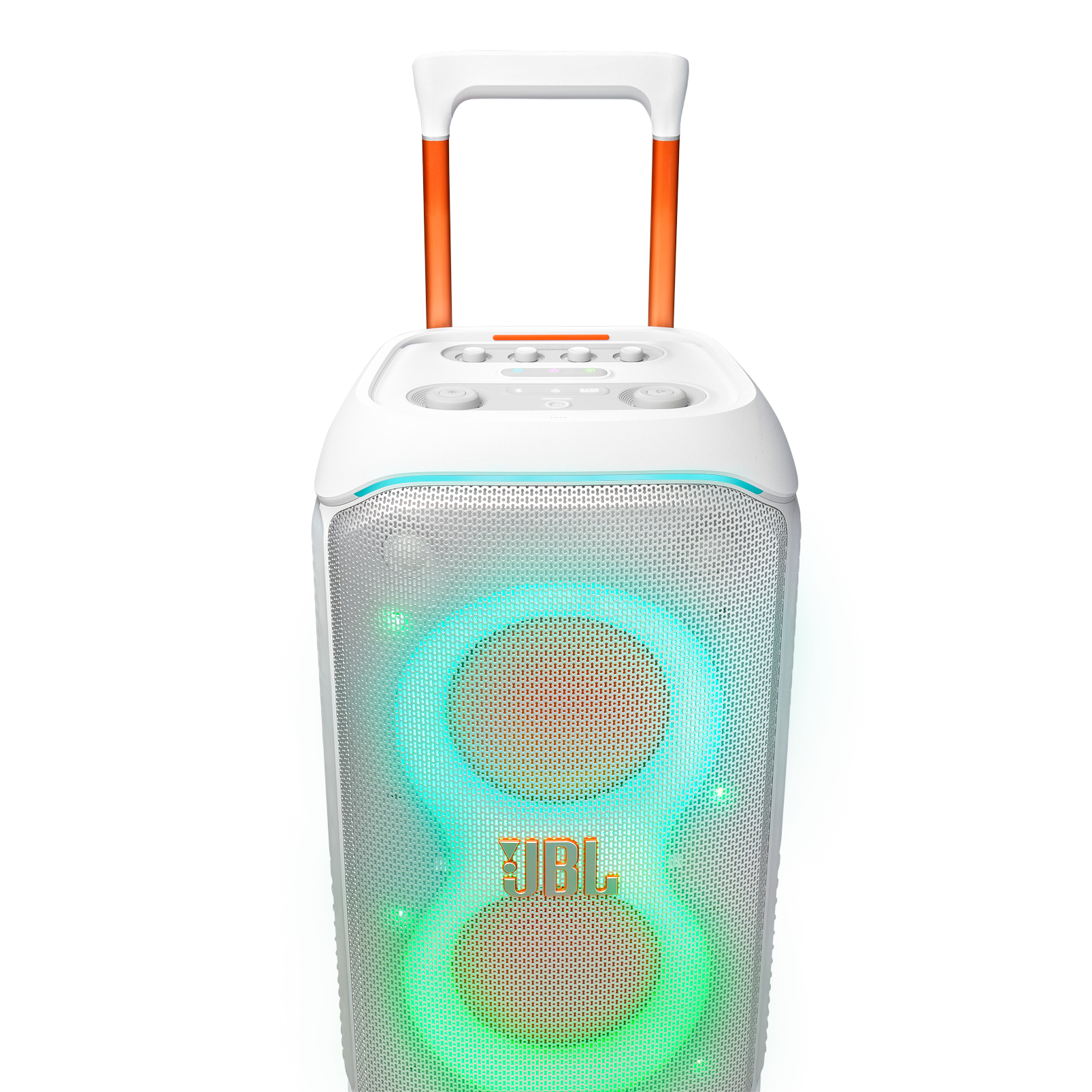 Weiß-oranger JBL-Lautsprecher mit Lichtern auf weißem Hintergrund.