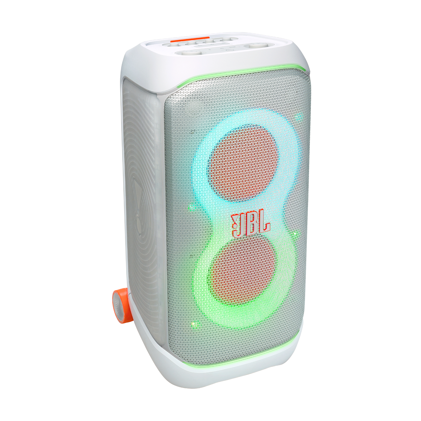 Ein weißer Lautsprecher mit Mesh-Front. Der Lautsprecher hat beleuchtete Kreise und das JBL-Logo.