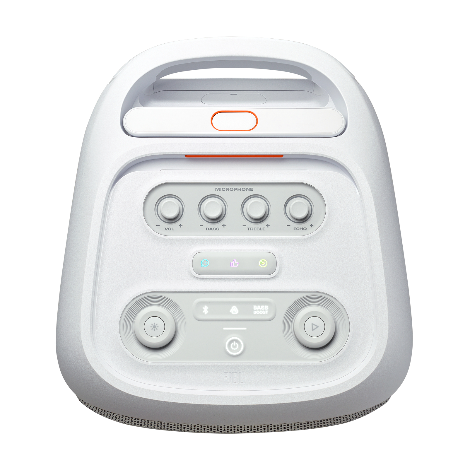 Weißer Lautsprecher mit Griff, Knöpfen für Lautstärke, Bass, Höhen und Echo, sowie JBL-Logo.