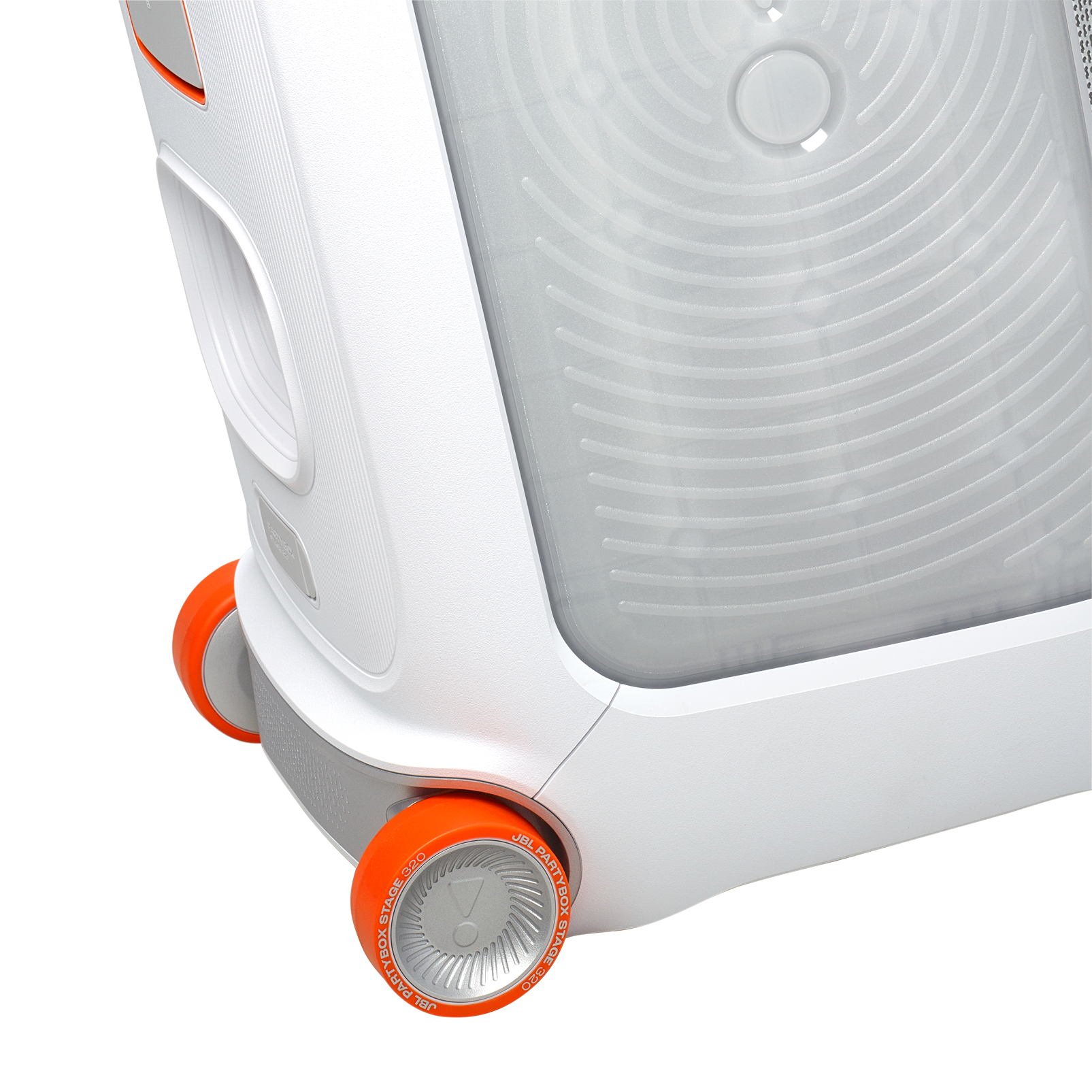 Weißer JBL-Lautsprecher, orangefarbene Räder, mit grauer Vorder- und Seitenansicht.