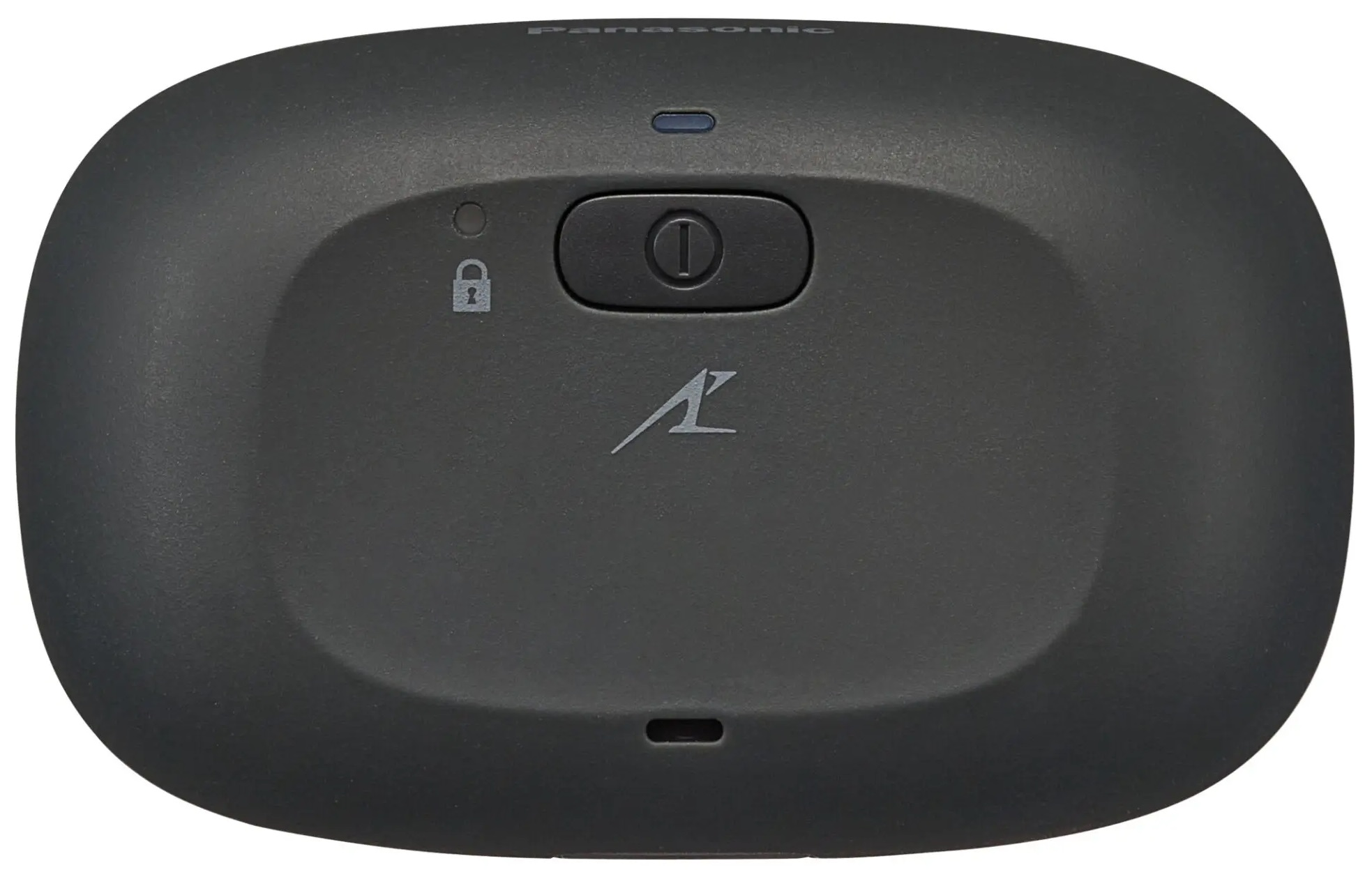 Ciemnoszare urządzenie Panasonic. Ma przycisk, ikonę kłódki i dwie małe lampki kontrolne.