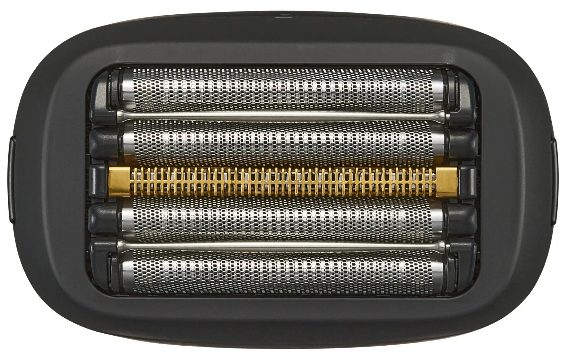 Zbliżenie czarnej głowicy golarki z pięcioma srebrnymi i jednym złotym ostrzem.