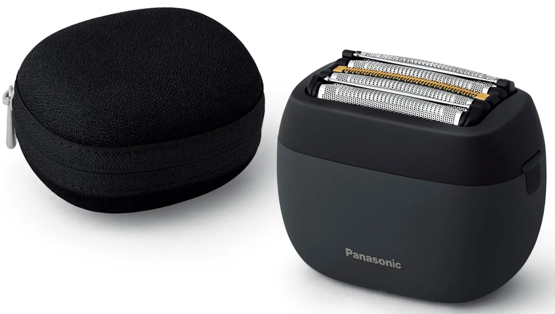 Czarny futerał podróżny i czarno-srebrna golarka elektryczna. Golarka ma srebrne ostrza.