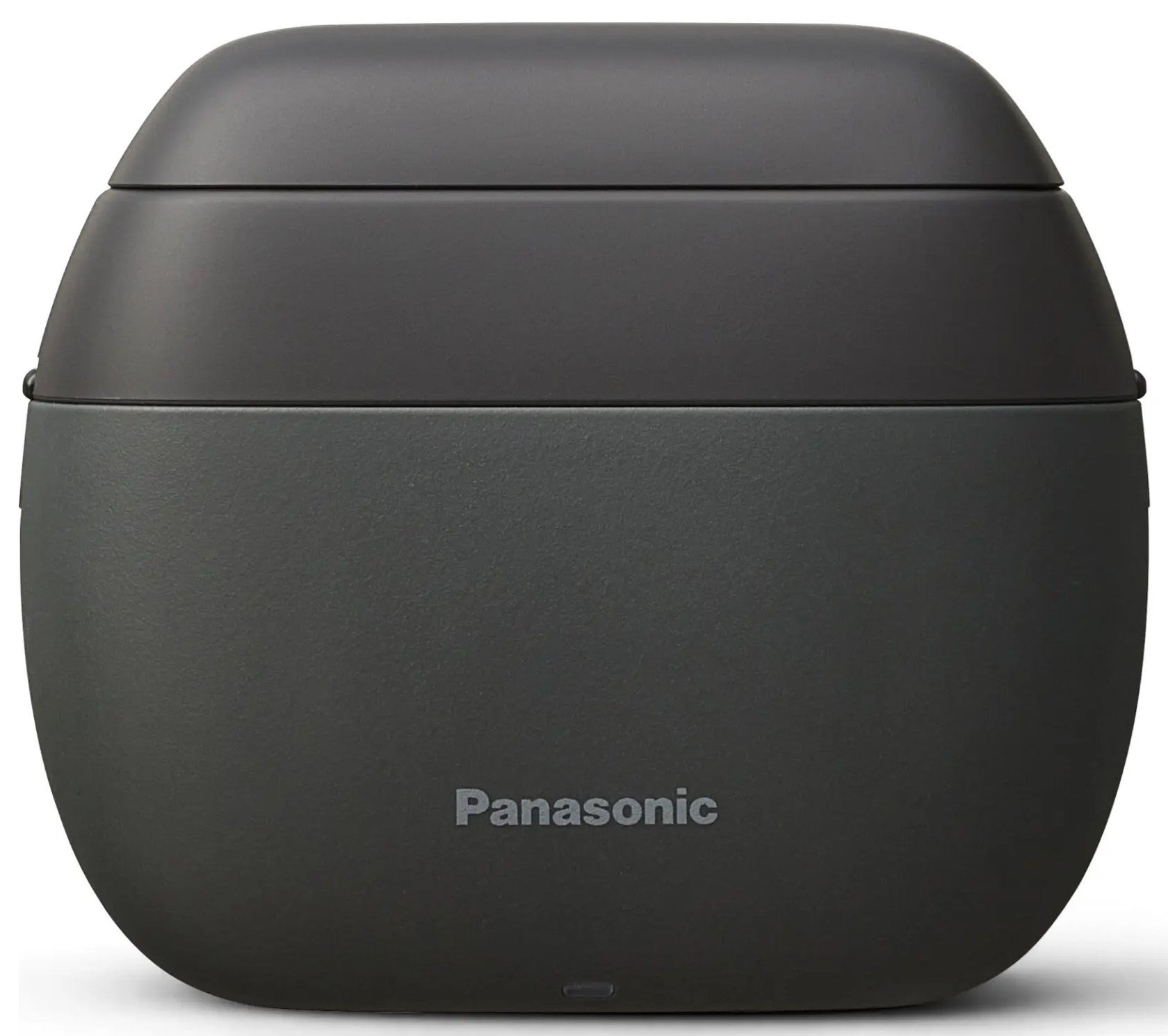 Ciemnoszara, owalna obudowa ładująca do słuchawek dousznych z logo Panasonic.