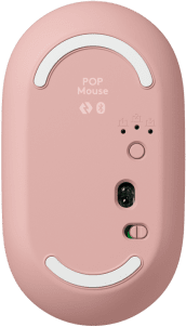 Rózsaszín Logitech POP egér, alulnézet. Megmutatja a Bluetooth és töltőkapcsolót, valamint a gombokat.
