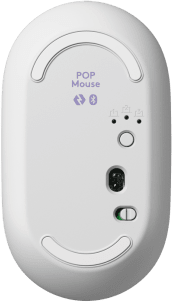 A POP egér fehér alja. Bluetooth logóval, bekapcsológombbal és töltőport jelzőkkel rendelkezik.
