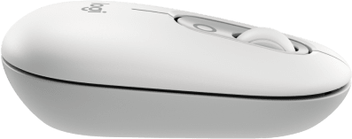 Egy fehér és szürke Logitech egér. Az egér oldalnézetből látható. A görgő látható.