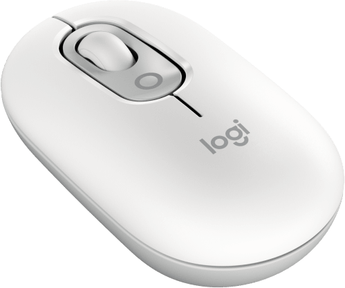 Fehér Logitech egér közelképe zöld háttéren. A logó látható.