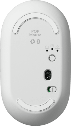 Fehér POP egér, alsó nézet. Gombok, kapcsoló és a POP Mouse logó látható.