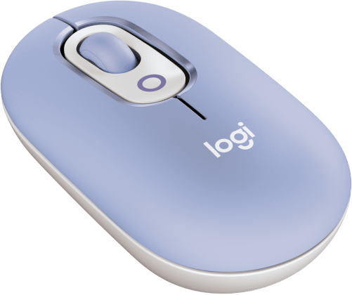 Egy kék-fehér Logitech egér. Van egy fehér görgője és egy Logi logó.