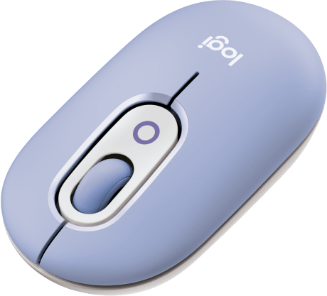 Egy világos lila egér fehér díszítéssel és görgővel.