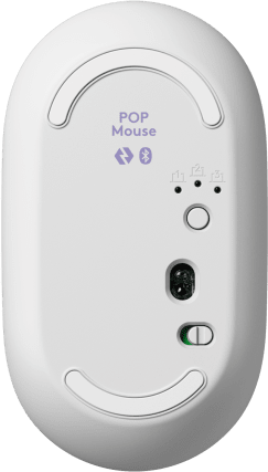 Egy fehér egér alsó nézete, a POP Mouse logóval. Megmutatja a Bluetooth-t, a be/ki kapcsolót és egy gombot.