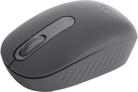 Szürke Logitech vezeték nélküli egér görgetőkerékkel és gombokkal, átlátszó háttéren.