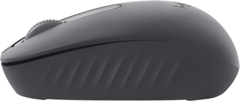 Szürke számítógépes egér görgetőkerékkel. Az egér ívelt, ergonomikus kialakítású.