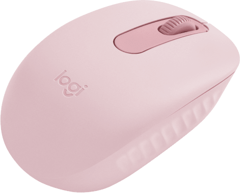 Rózsaszín Logitech egér zöld felületen, görgetőkerékkel és gombokkal.