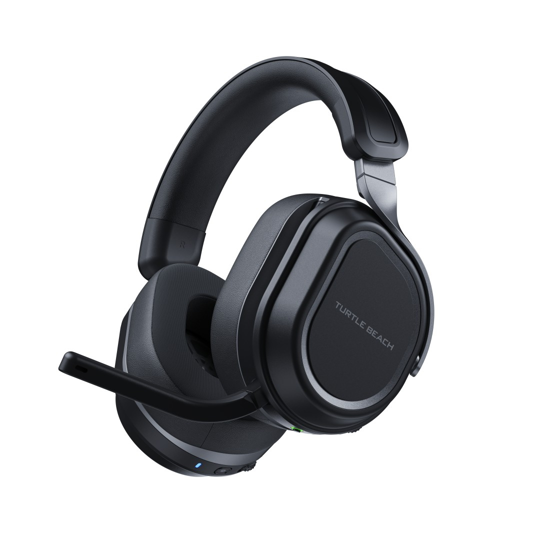 Schwarze Turtle Beach Kopfhörer mit Mikrofon, weißer Hintergrund.
