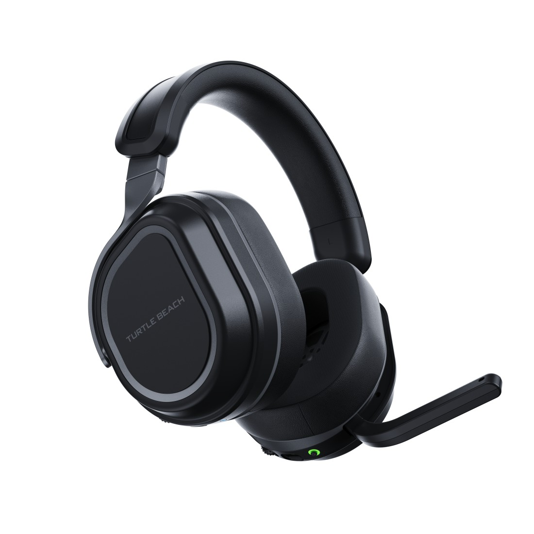 Schwarzes Turtle Beach Headset mit Mikrofon, freigestellt vor weißem Hintergrund.