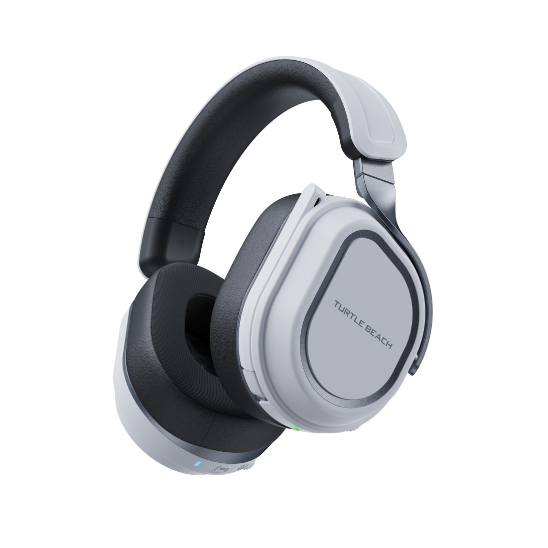Weißes und schwarzes Gaming-Headset mit Turtle Beach-Logo. Es ist angewinkelt, schwebt in der Luft, weißer Hintergrund.