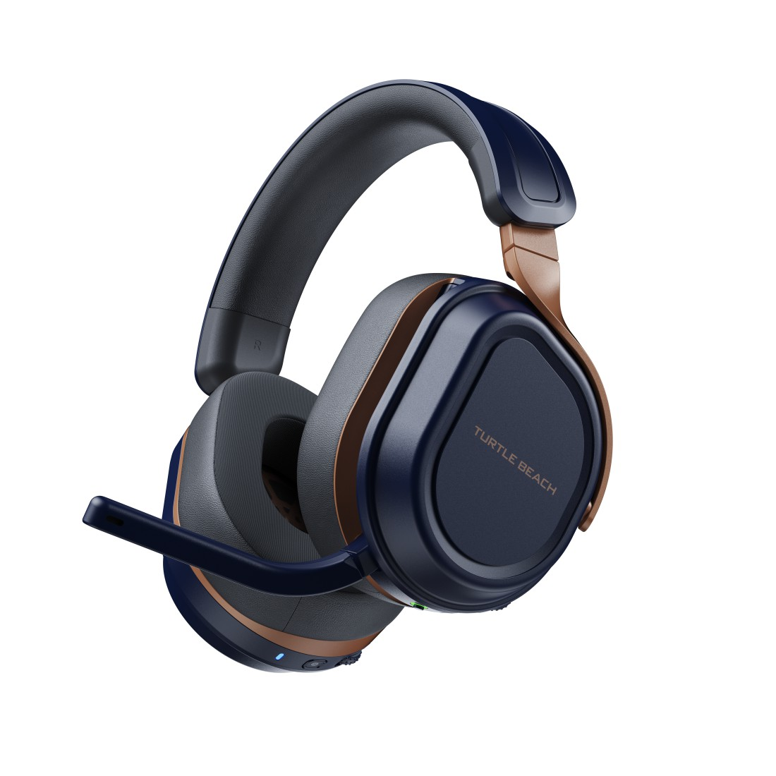 Blau-braunes Headset mit Mikrofon.