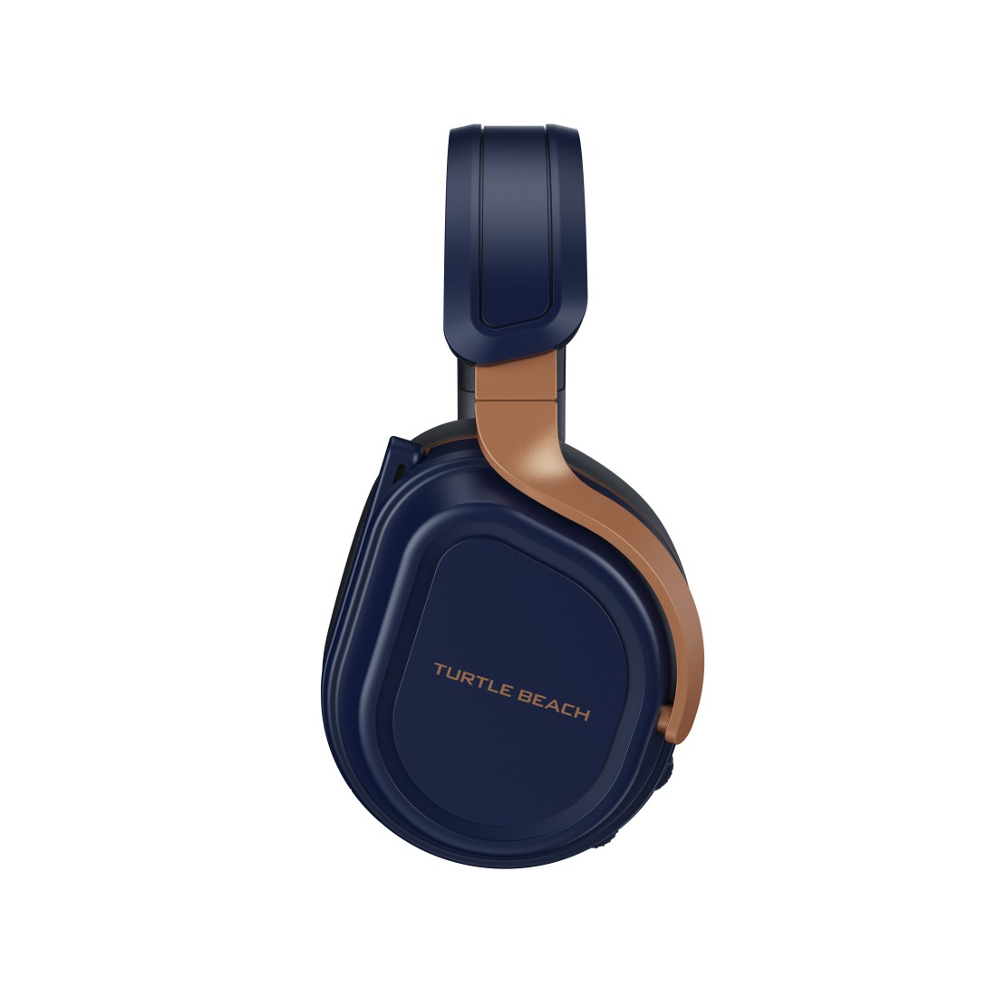 Marineblaue und kupferfarbene Kopfhörer, Seitenansicht. Das Turtle Beach-Logo ist sichtbar.