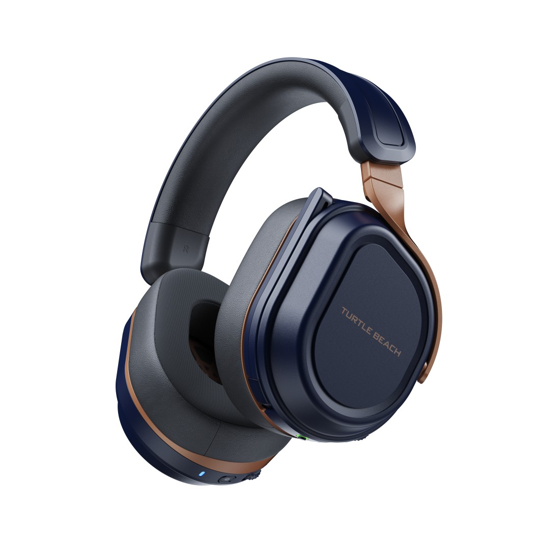 Blaue und braune Kopfhörer mit Turtle Beach Logo, vor weißem Hintergrund.