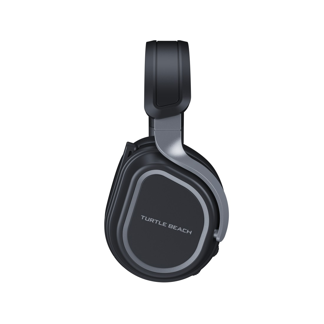Schwarze und silberne Turtle Beach Kopfhörer, Seitenansicht.