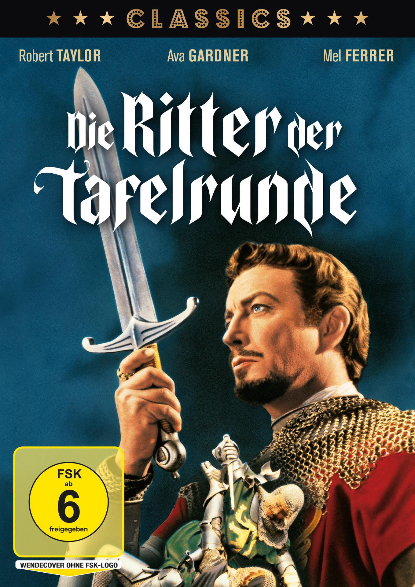 DVD-Cover von 'Die Ritter der Tafelrunde' mit Schauspielern und einem Schwert.