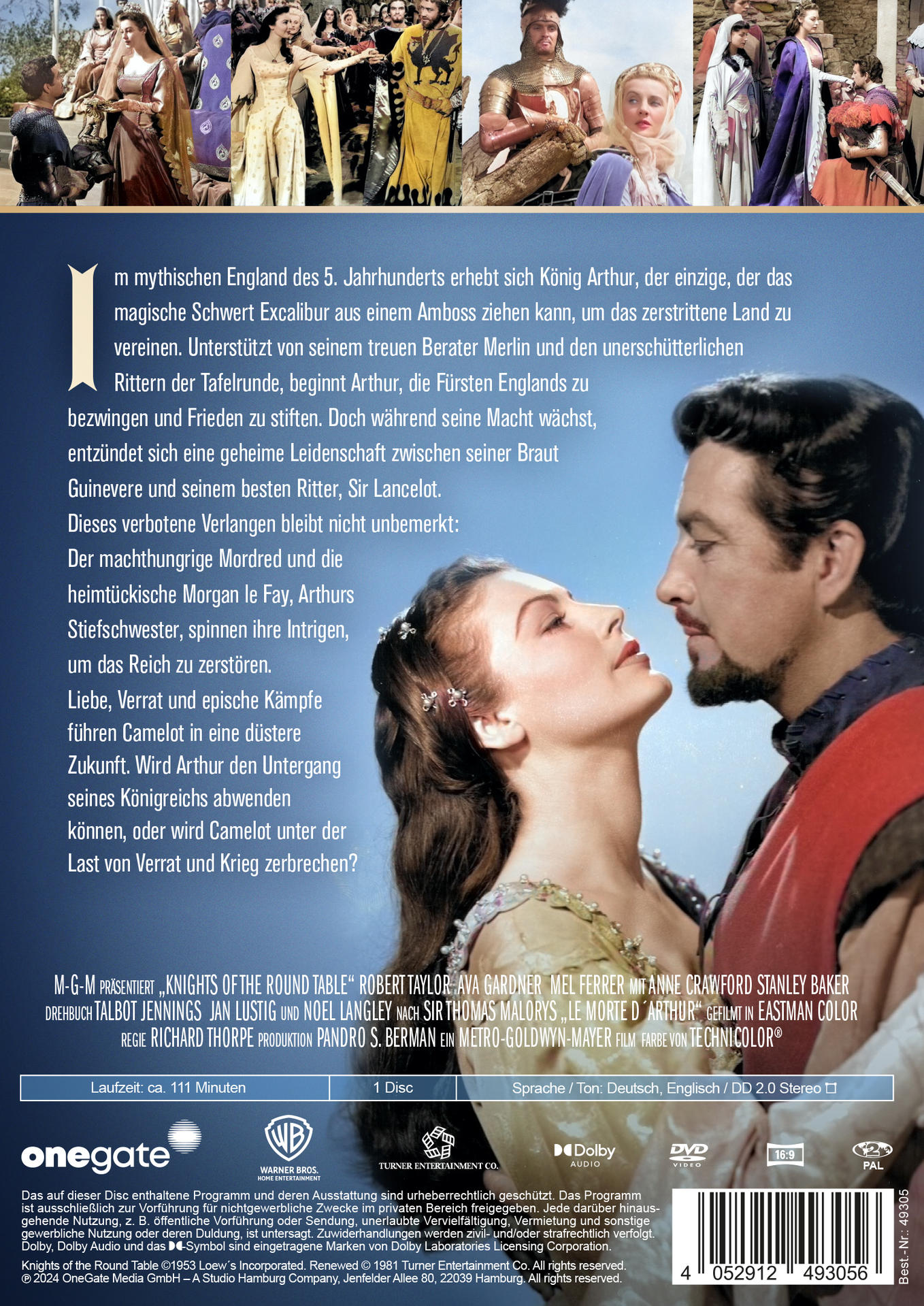 DVD-Filmcover mit einer Szene aus 'Knights of the Round Table'. Schauspieler in historischen Kostümen, eine romantische Szene.