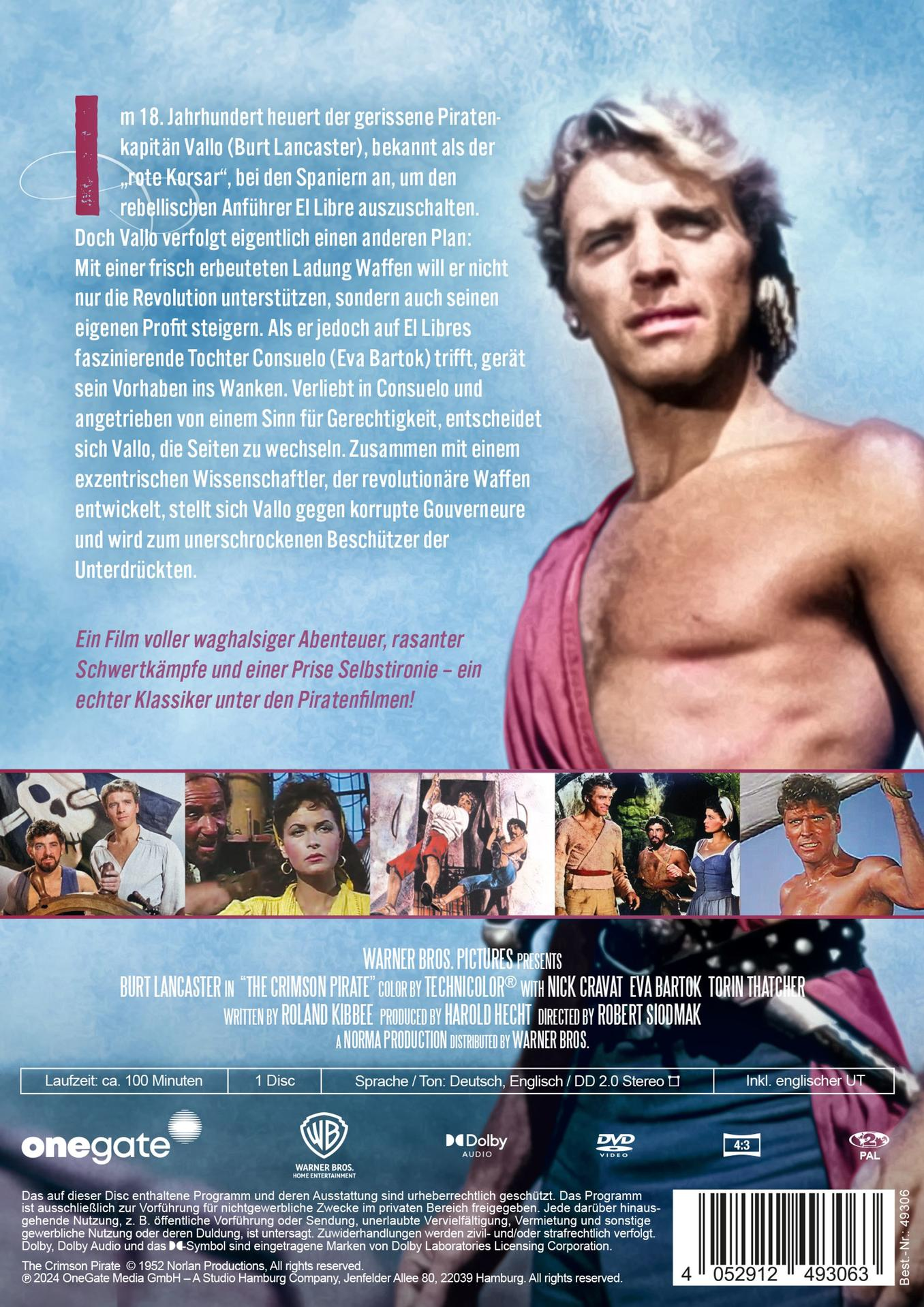 Filmposter für The Crimson Pirate. Burt Lancaster auf der Vorderseite, Text und Bilder.