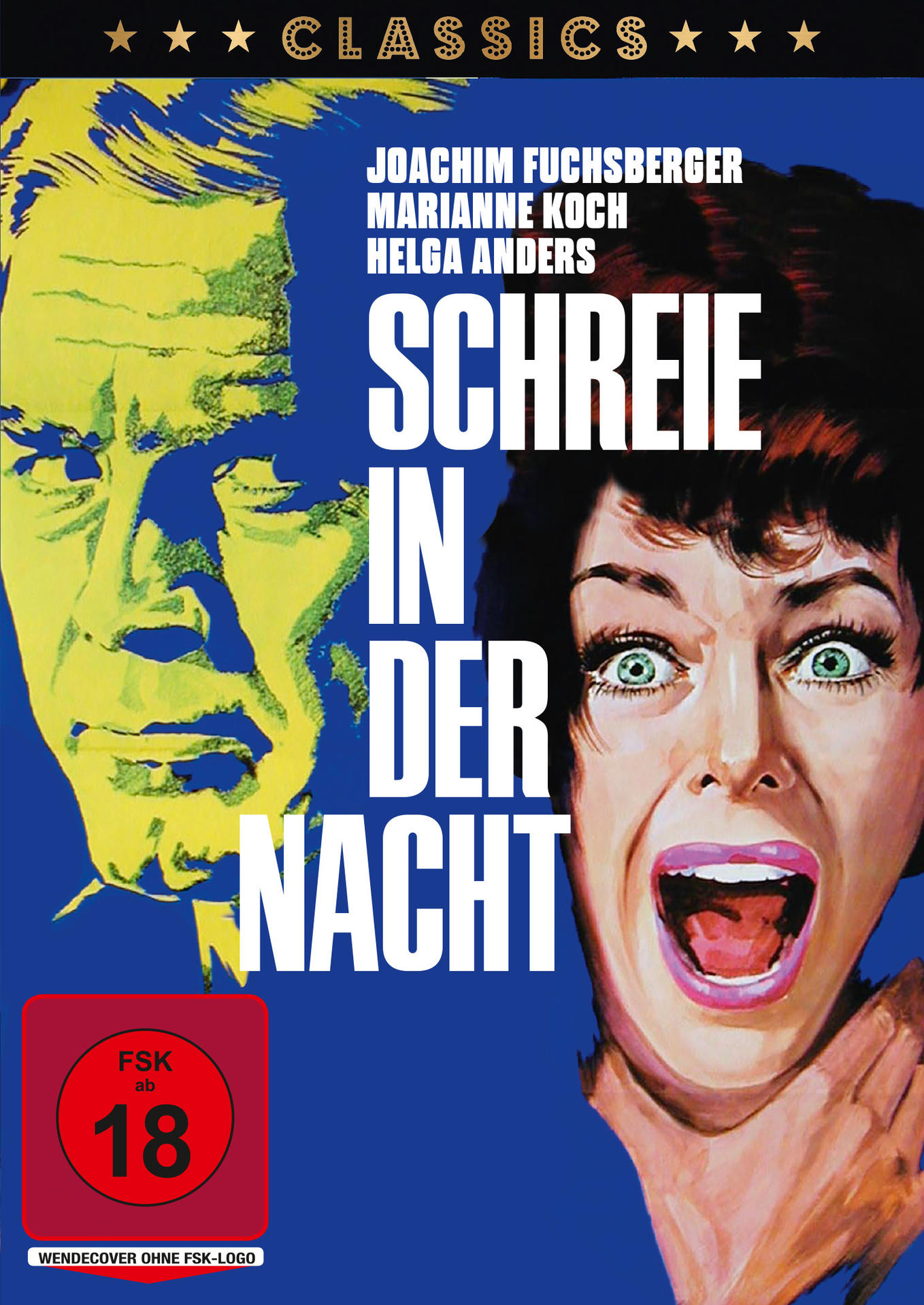 Filmposter mit einer schreienden Frau und dem Gesicht eines Mannes. Titel: Schreie in der Nacht.