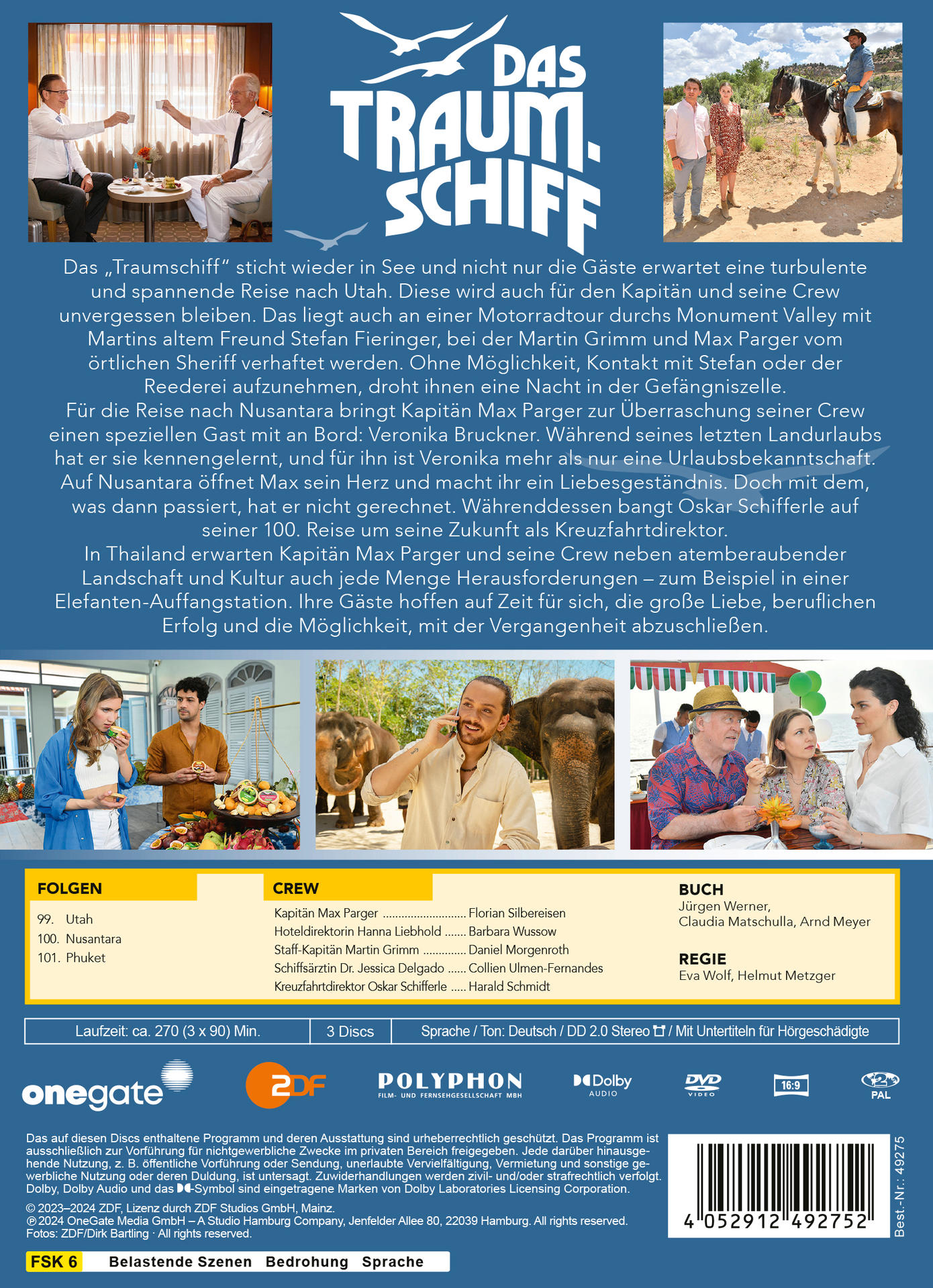 DVD-Cover einer Show mit Schauspielern, Elefanten und Text auf Deutsch über ein Kreuzfahrtschiff.