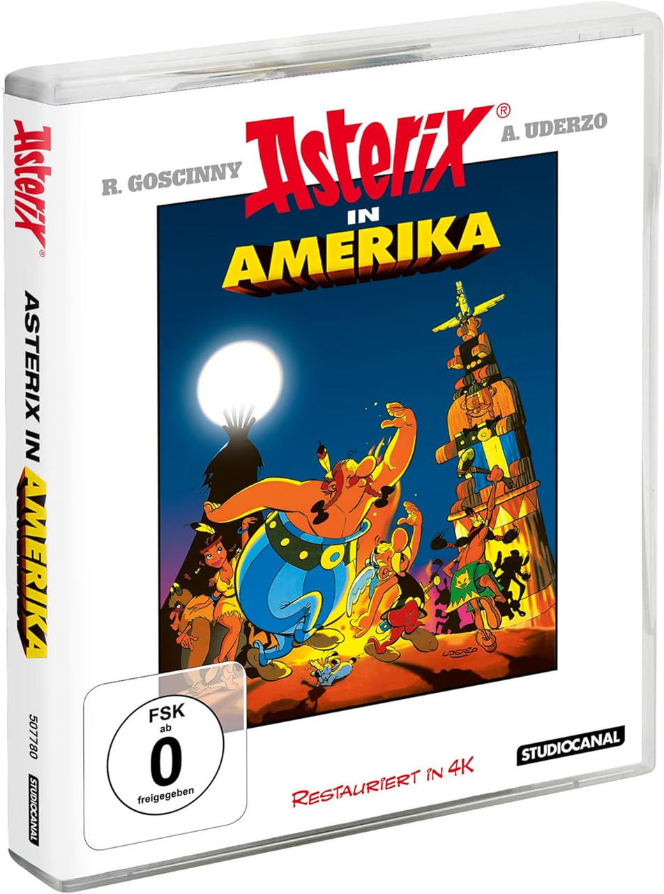 Asterix in Amerika Blu-ray-Hülle. Enthält Zeichentrickfiguren und eine indianische Szene.