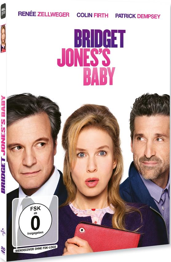 Bridget Jones's Baby DVD-Cover mit den Schauspielern Renee Zellweger, Colin Firth und Patrick Dempsey.
