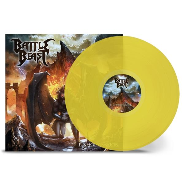 Sárga bakelit lemez borítóképpel egy démonról és az 'Unholy Savior' album címmel.