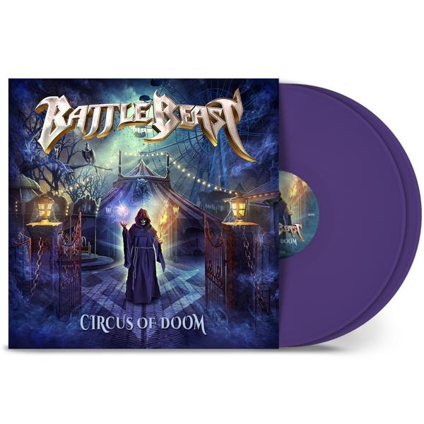 Album borító a "Circus of Doom" szöveggel és egy lila bakelit lemez.