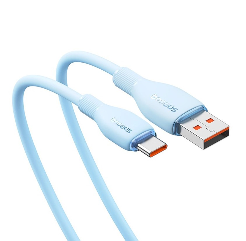 Mavi USB-C kablosu. Bir USB-C konektörü ve bir USB-A konektörü.
