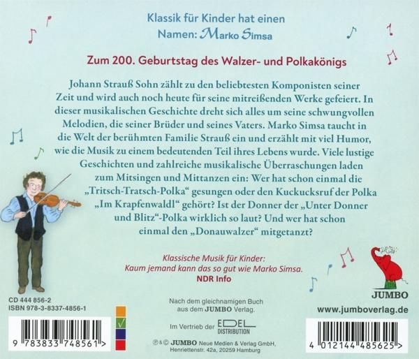 Rückseite eines Buches mit Text über Marko Simsa und Musik. Illustrationen von Noten.