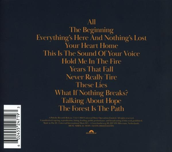 Rückseite einer CD mit Songtiteln in Goldtext auf dunklem Hintergrund.