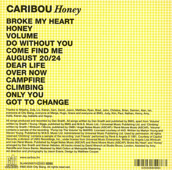 Die Rückseite einer CD-Hülle mit Songtiteln und Credits. Weißer Hintergrund.