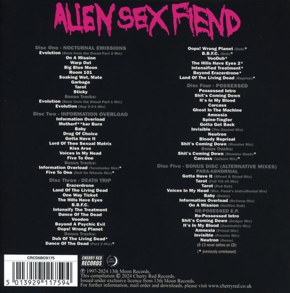 CD-Rückseite mit Titelliste und Credits für das Album "Alien Sex Fiend".