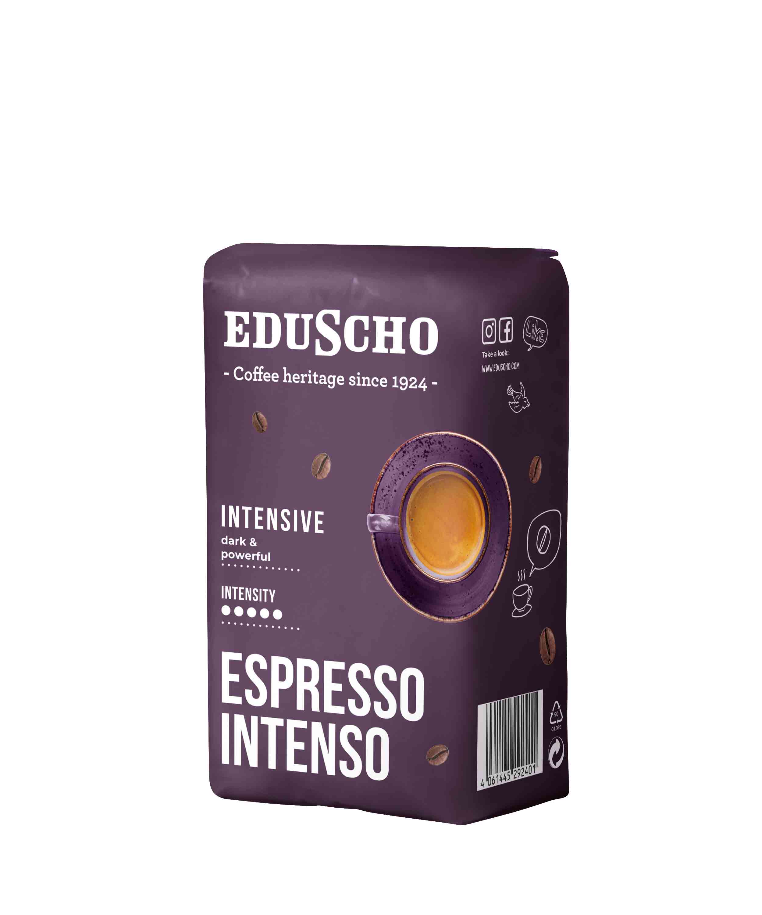 Bir kahve poşetinde marka adı var. Espresso Intenso basılı. Bir fincan kahve sergileniyor.