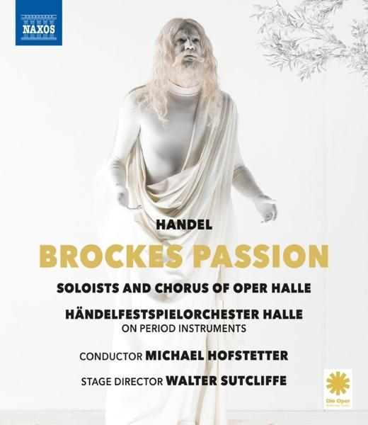 Opernplakat: Händels Brockes-Passion, Figur in weißen Gewändern, Text-Overlay.